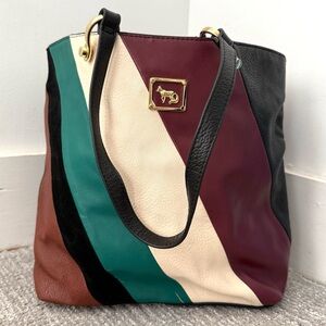 Emma Fox “Olana” Burgundy Cream Teal Color-block Striped Medium Tote Bag